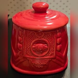 Tricia Royal 1950's Holiday Red Ceramic Gumball Cookie Jar With Thank You.